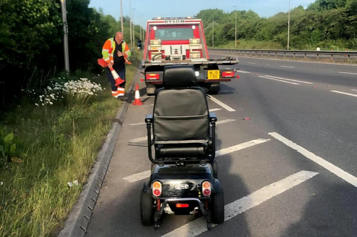 A mobility scooter was spotted being driven on a dual carriageway between Shrewsbury and Telford (Picture: SWNS)