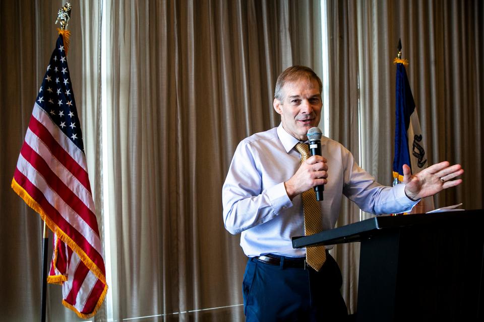 U.S. Rep. Jim Jordan, R-Ohio, speaks during a campaign fundraiser for U.S. Rep. Mariannette Miller-Meeks, R-Iowa, Saturday, Feb. 18, 2023, at the Courtyard By Marriott Iowa City-University Heights in University Heights, Iowa.