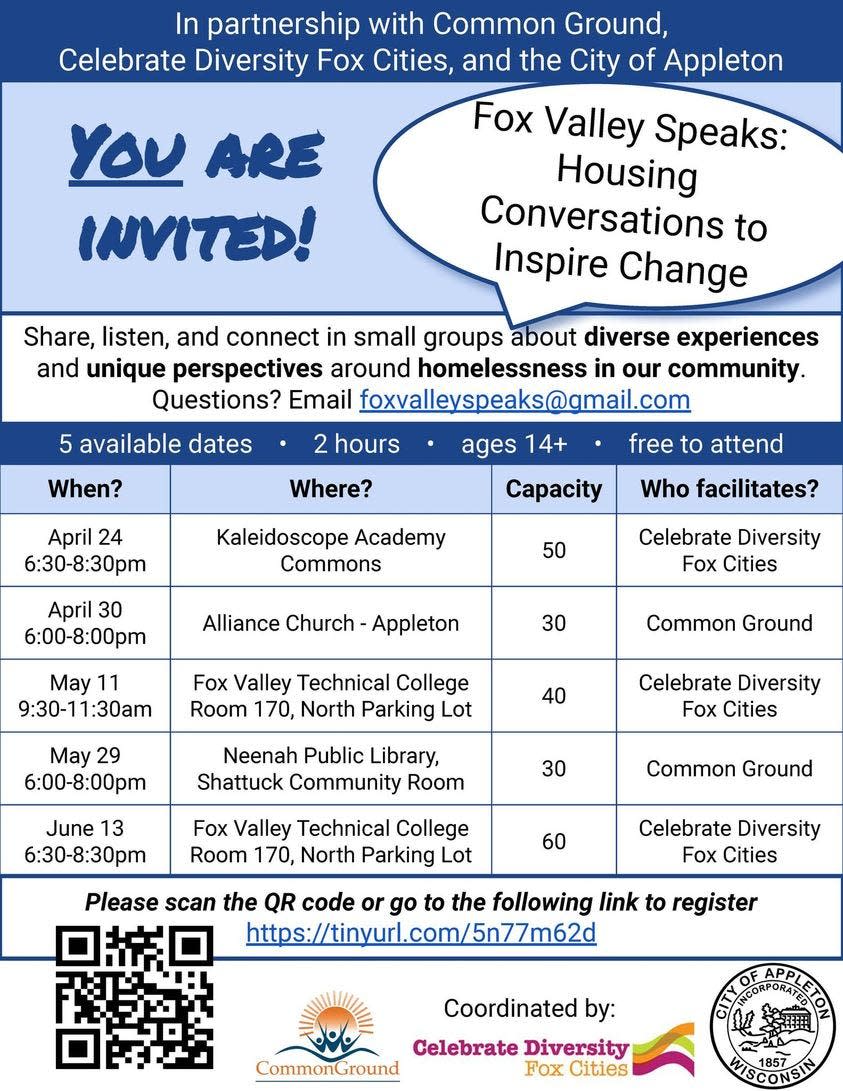 Celebrate Diversity Fox Cities, Common Ground Fox Cities and the City of Appleton are hosting community conversations on homelessness.