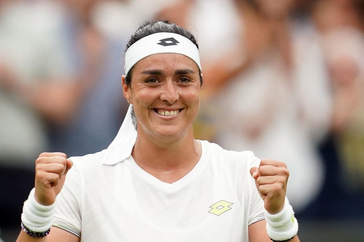 Ons Jabeur celebrates victory over Aryna Sabalenka in the Wimbledon semi-finals (Victoria Jones/PA) (PA Wire)