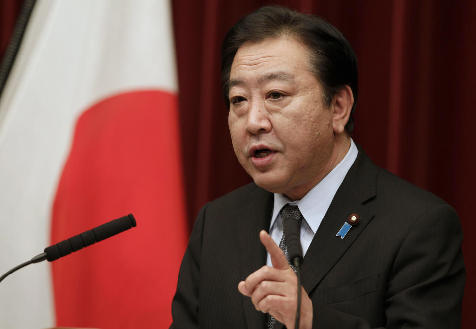 Japan's Prime Minister Yoshihiko Noda speaks during a press conference at his official residence in Tokyo, Friday, March 30, 2012. Prime Minister Noda vowed to stake his political career to achieve the sales tax increase Friday as his Cabinet endorsed a legislation to help counter the country's fiscal deficit. (AP Photo/Shizuo Kambayashi)