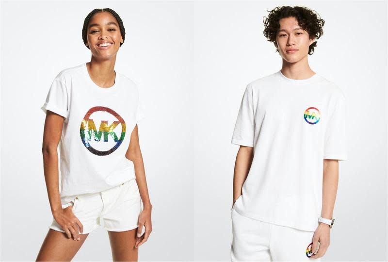 彩虹Logo白色T-shirt（左）NT$4,300、彩虹Logo白色 T-shirt（右）NT$4,800。（MICHAEL KORS提供）