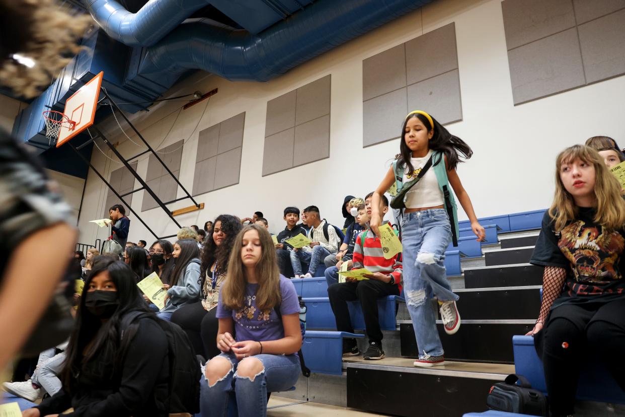 Sixth-grade students make their way to their first-period class during the first day of school at Leslie Middle School in Salem, Ore. on Tuesday, Sept. 6, 2022.