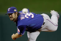 ST LOUIS, MO - OCTOBER 19: C.J. Wilson #36 of the Texas Rangers pitches in Game One of the MLB World Series against the St. Louis Cardinals at Busch Stadium on October 19, 2011 in St Louis, Missouri. (Photo by Paul Sancya-Pool/Getty Images)