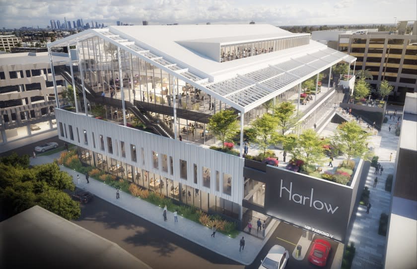 Rendering of Harlow, a $79 million office building under construction at Sunset Las Palmas Studios in Hollywood. The address is 1001 N. Seward St. at the corner of Seward and Romaine streets.