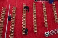 Preparations take place for the first Presidential debate in the Sheila and Eric Samson Pavilion, Monday, Sept. 28, 2020, in Cleveland. The first debate between President Donald Trump and Democratic presidential candidate, former Vice President Joe Biden is scheduled to take place Tuesday, Sept. 29. (AP Photo/Patrick Semansky)