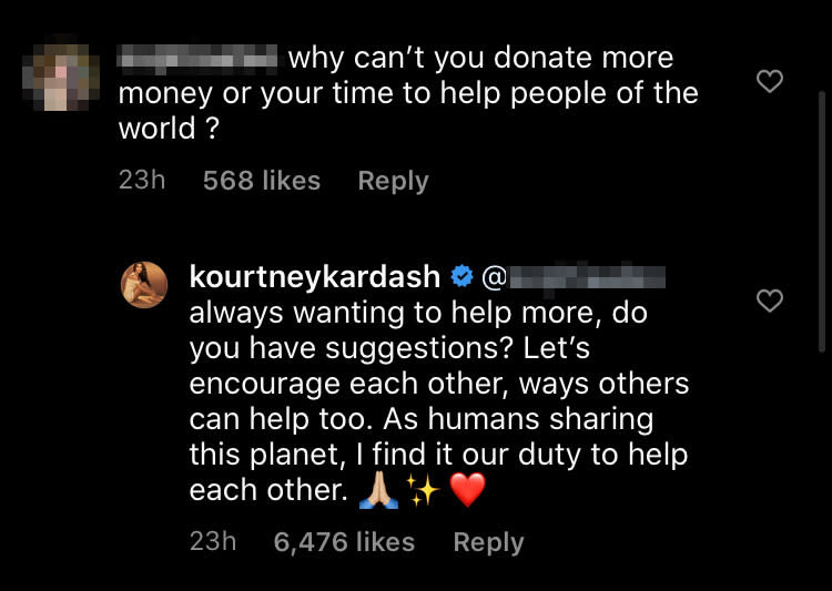 Kourtney Kardashian Asks for Suggestions After Fan Says to Donate More