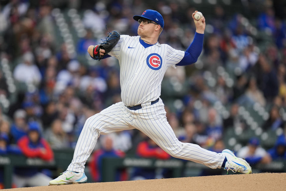 Chicago Cubs starting pitcher Jordan Wicks throws against the Houston Astros during the first inning of a baseball game Tuesday, April 23, 2024, in Chicago. (AP Photo/Erin Hooley)