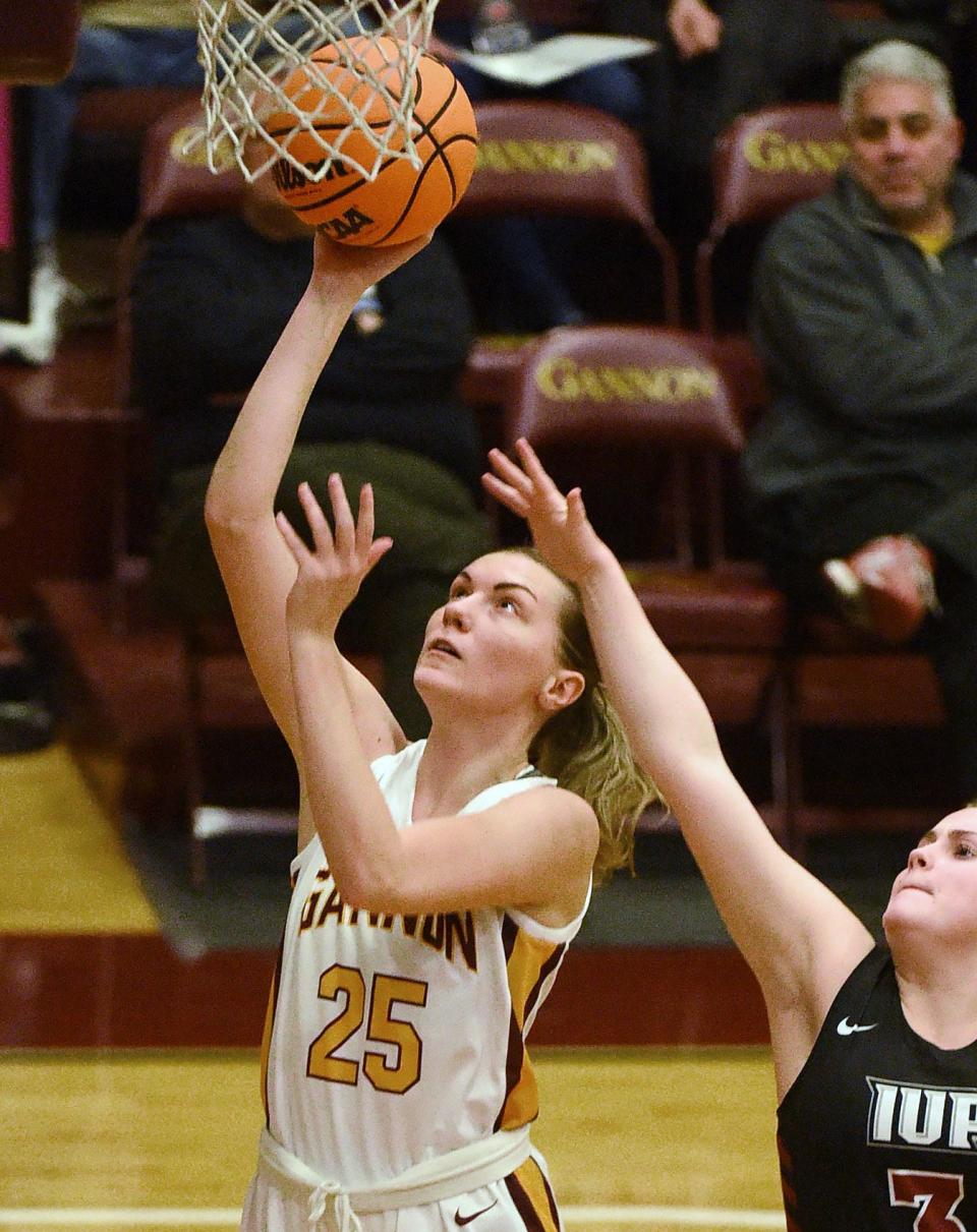 Gannon University graduate student Madison Demski scores in the first half against Indiana University of Pennsylvania at Gannon's Highmark Events Center in Erie on Jan. 11. Demski led Gannon with 17 points against Cal in a 75-63 loss Sunday in the PSAC women's championship game.