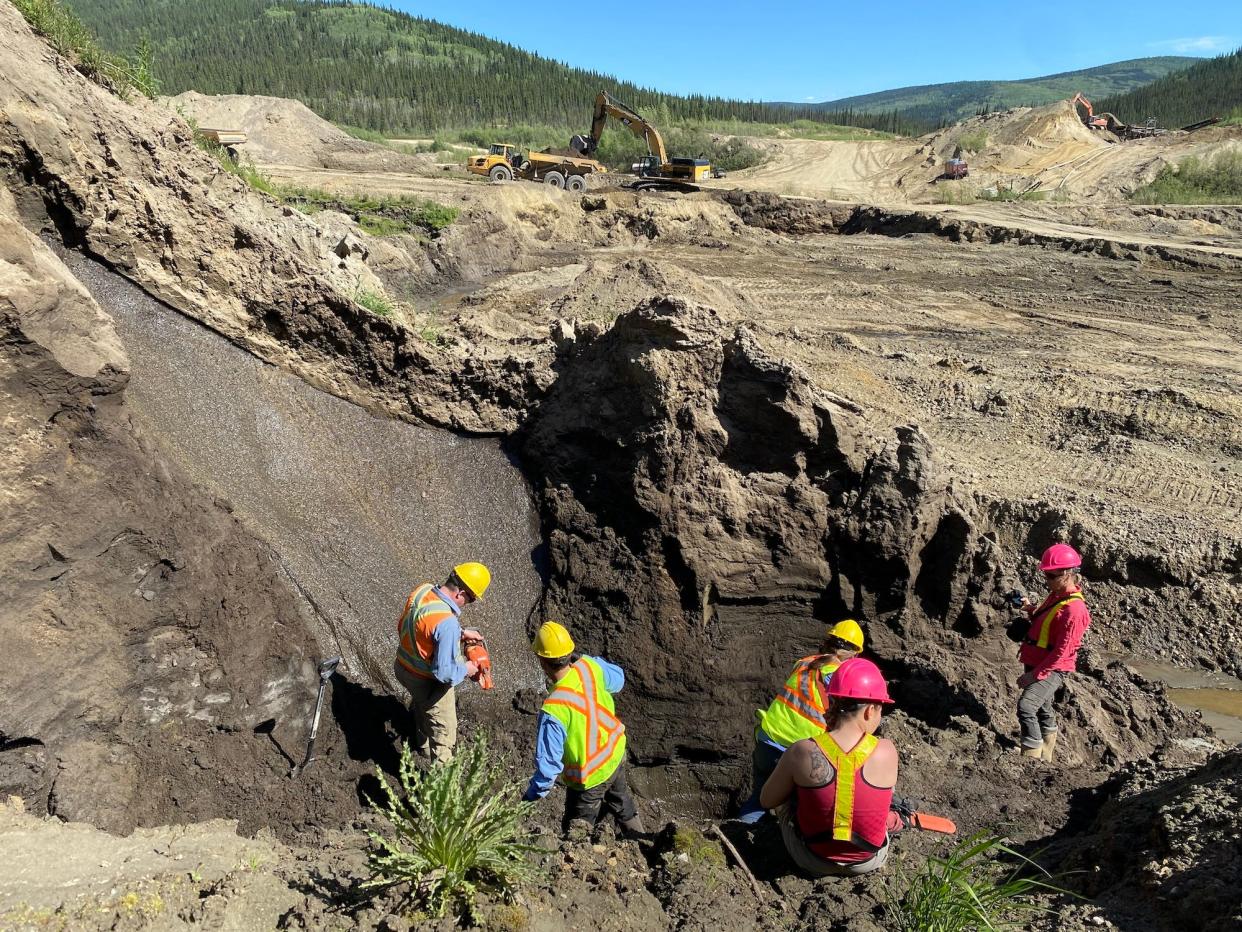 Five people in hard hats and neon vests or straps work in a ditch in a dirt excavation site.