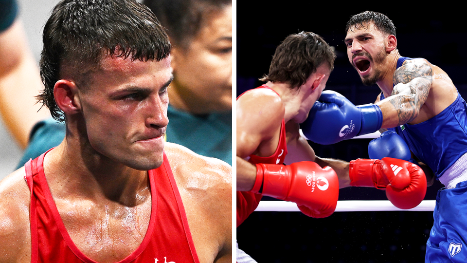 Harry Garside (pictured left) was left devastated after losing to Richard Kovacs 
in his first bout at at the Paris Olympics. (Images: AAP/Getty Images)