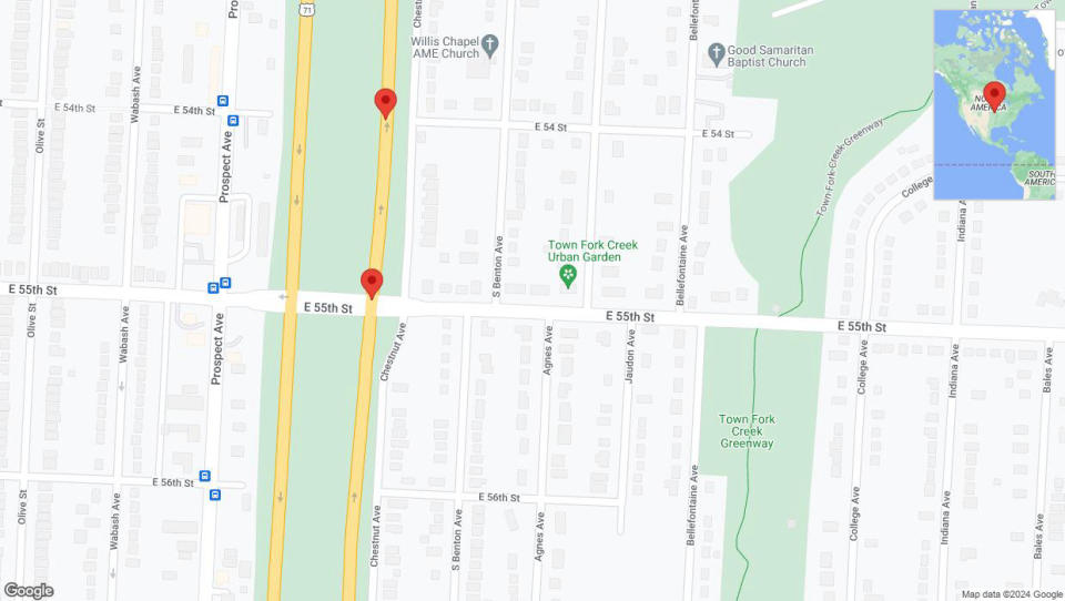 A detailed map that shows the affected road due to 'Broken down vehicle on northbound the Bruce R Watkins Expressway/US-71 in Kansas City' on July 18th at 6:19 p.m.