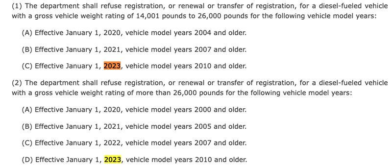 Screenshot of California’s new diesel banning criteria for 2023.