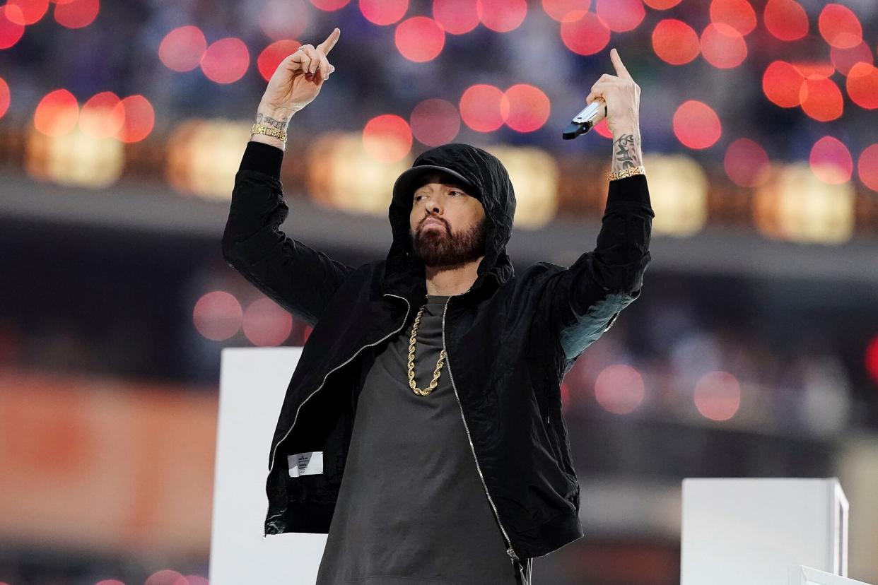 Eminem performs during the halftime show during the NFL Super Bowl 56 football game between the Cincinnati Bengals and the Los Angeles Rams, in Inglewood, Calif Rams Bengals Super Bowl Football, Inglewood, United States - 13 Feb 2022