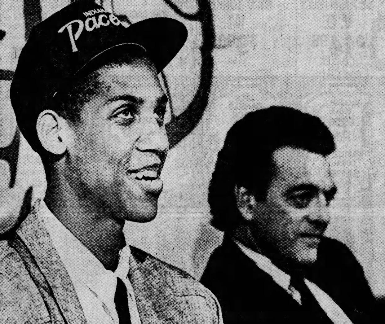 Donnie Walsh and Reggie Miller take questions from the press after the 1987 NBA draft.