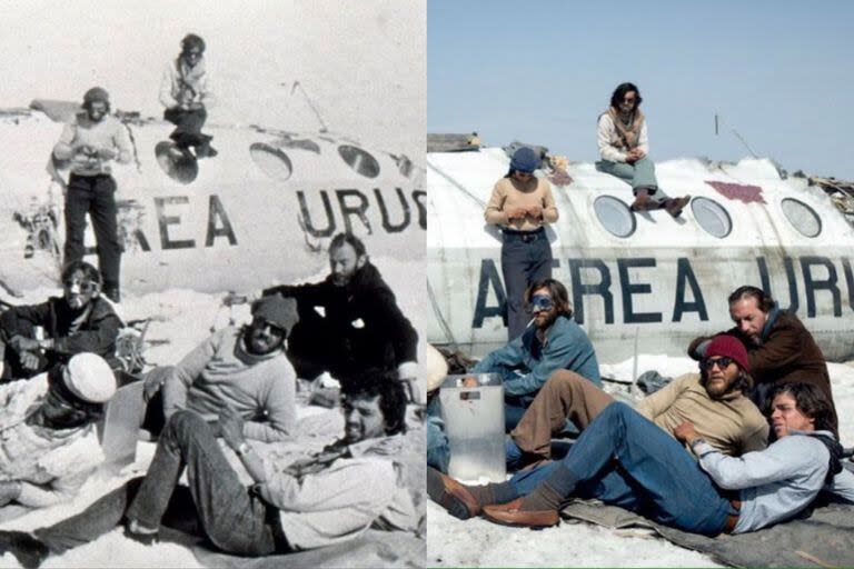 Realidad y ficción: a la izquierda, una fotografía real tomada por los sobrevivientes de la tragedia de los Andes; a la derecha, la recreación realizada por la producción de La sociedad de la nieve