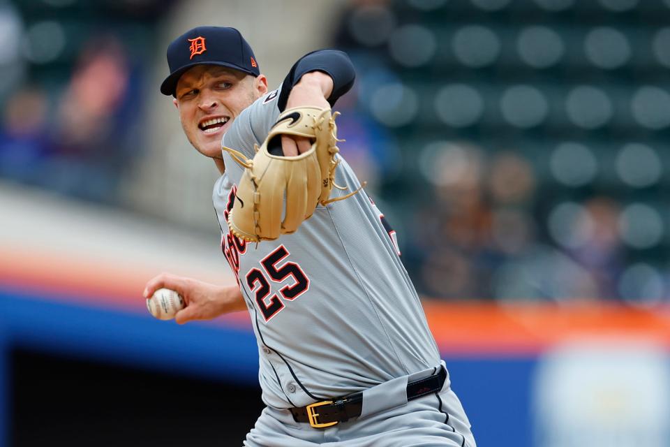 Matt Manning delivers a pitch against the New York Mets during the third inning of game two of a doubleheader at Citi Field on Thursday, April 4, 2024 in New York.