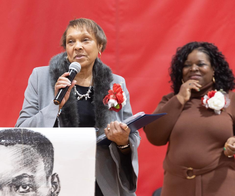 April Chenault-McLeod speaks Monday after receiving a Community Service Award at the 49th annual Martin Luther King Jr. Community Celebration held at the Edward "Peel" Coleman Center in Canton.