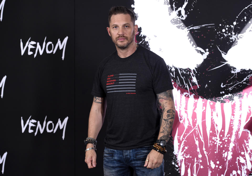 FILE - Tom Hardy attends a photo call for "Venom" on Sept. 27, 2018, in Los Angeles. Hardy turns 43 on Sept. 15. (Photo by Chris Pizzello/Invision/AP, File)