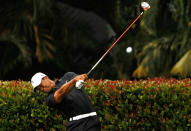 MIAMI, FL - MARCH 08: Tiger Woods hits his tee shot on the seventh hole during the first round of the 2012 World Golf Championships Cadillac Championship at Doral Golf Resort And Spa on March 8, 2012 in Miami, Florida. (Photo by Mike Ehrmann/Getty Images)