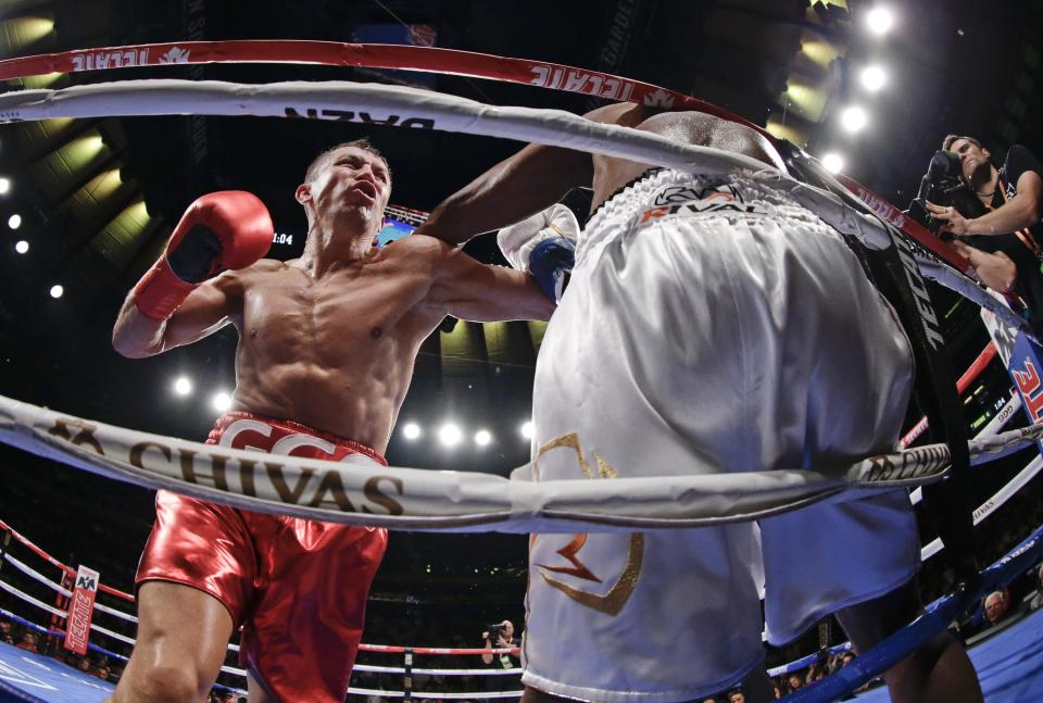 Kazakhstan's Gennady Golovkin, left, knocks down Canada's Steve Rolls during the fourth round of a super middleweight boxing match Saturday, June 8, 2019, in New York. Golovkin stopped Rolls in the fourth round. (AP Photo/Frank Franklin II)