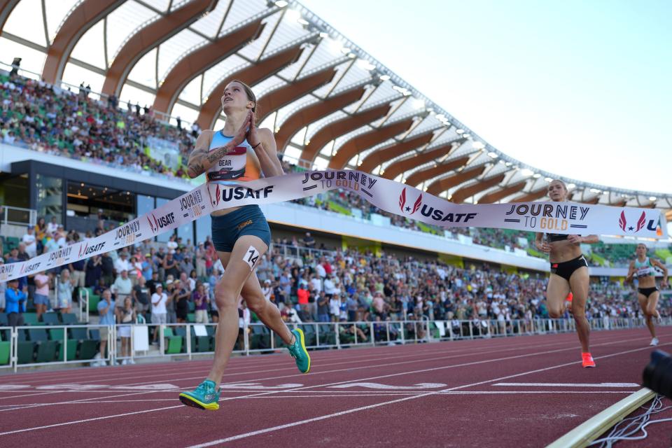 Jul 8, 2023; Eugene, OR, USA; Krissy Gear celebrates after winning the women's steeplechase in 9:12.81 during the USATF Championships at Hayward Field. Mandatory Credit: Kirby Lee-USA TODAY Sports