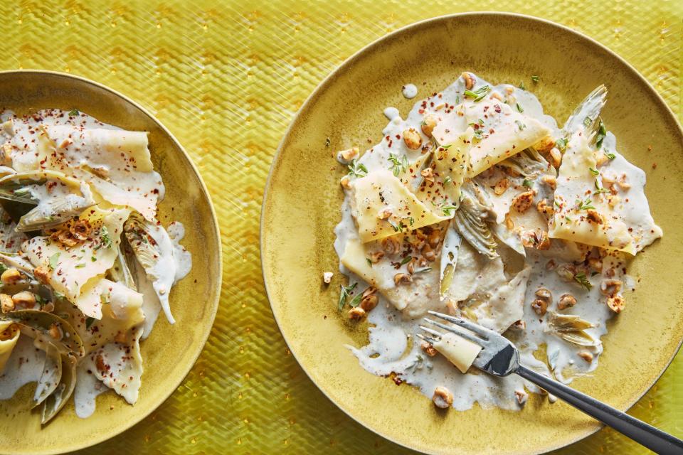 A creamy spring pasta with artichokes and hazelnuts? Yes, please.