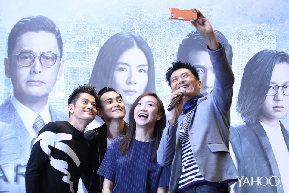 L-R: Aaron Kwok, Eddie Peng, 933FM DJ Lim Peifen and Chow Yun Fat taking a selfie together