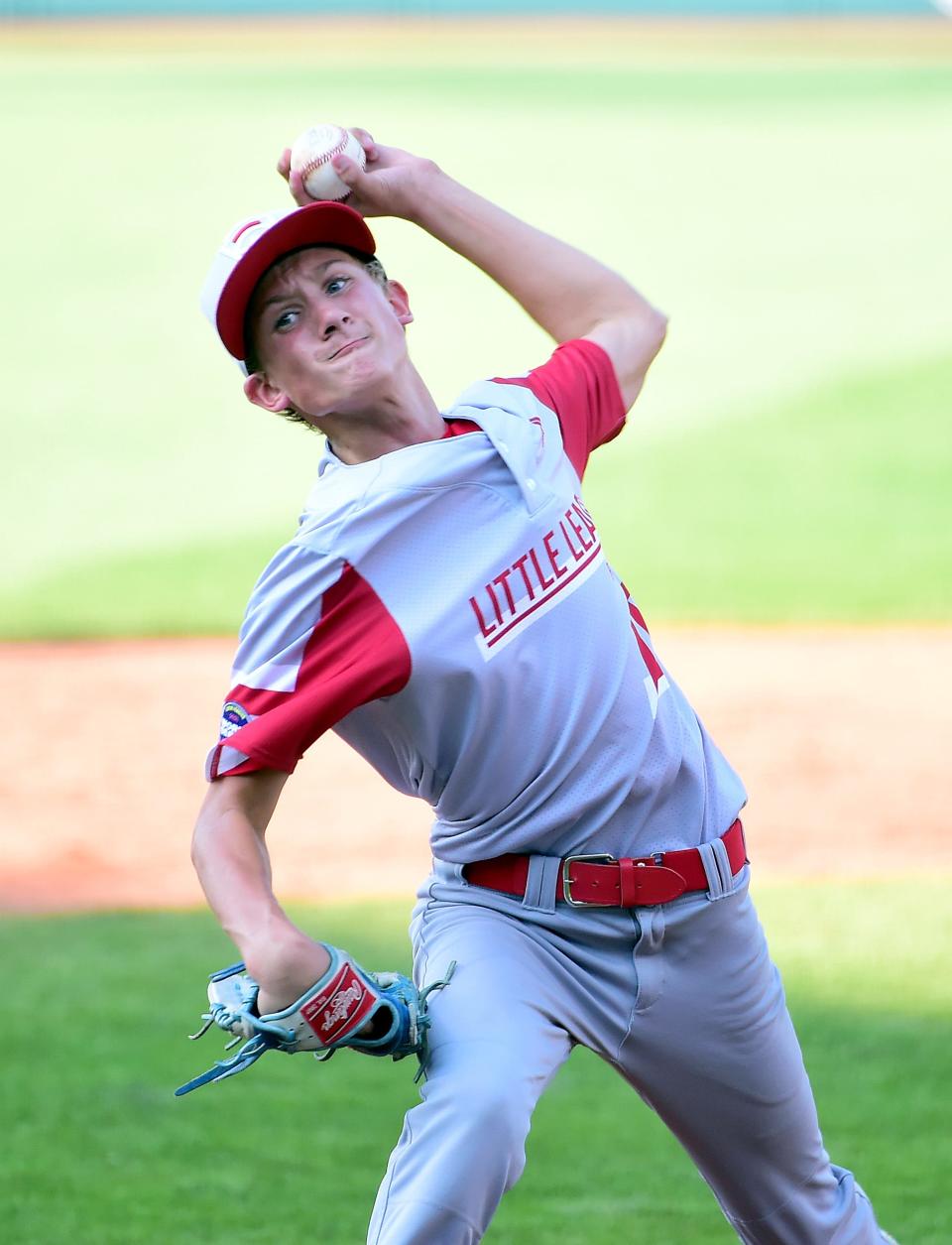 Aug 25, 2021; Williamsport, PA, USA; Midwest Region pitcher Gavin Weir (19) throws a pitch in the second inning against the West Region at Volunteer Stadium. Mandatory Credit: Evan Habeeb-USA TODAY Sports