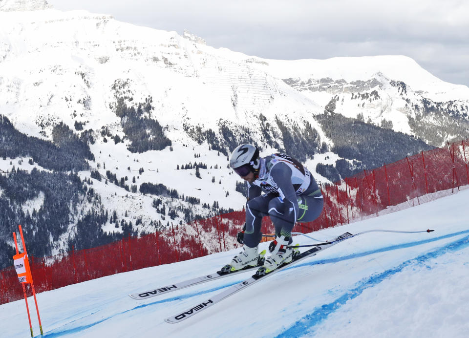 Norway's Aksel Lund Svindal speeds down the course during a training session for a ski World Cup men's downhill, in Wengen, Switzerland, Thursday, Jan. 17, 2019. (AP Photo/Gabriele Facciotti)