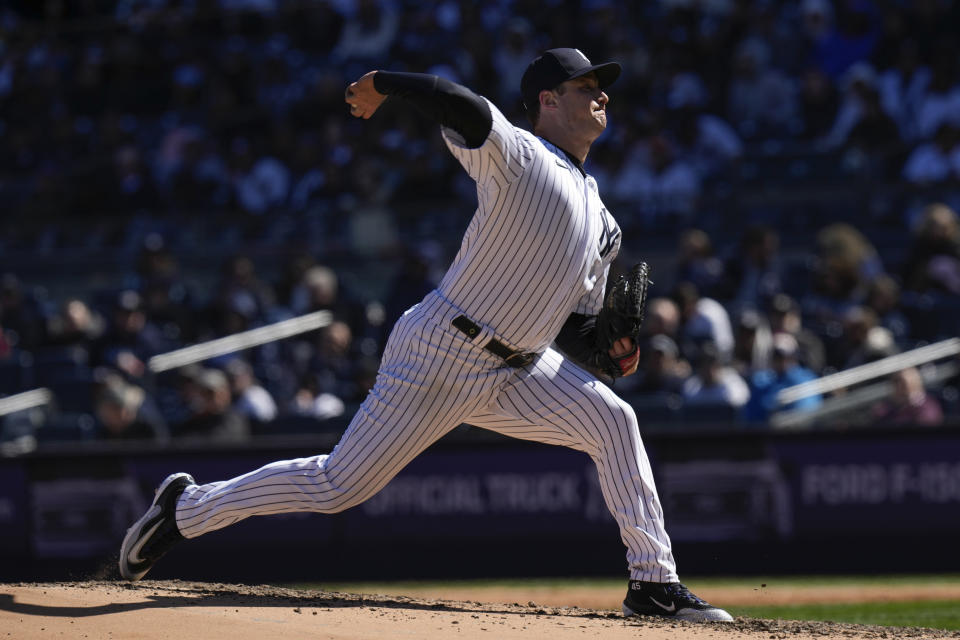 New York Yankees starting pitcher Gerrit Cole throws during the fifth inning of a baseball game against the San Francisco Giants at Yankee Stadium Thursday, March 30, 2023, in New York. (AP Photo/Seth Wenig)