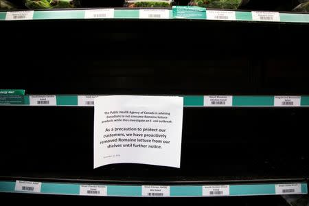 Romaine lettuce has been taken off the shelf for fear of an E. coli outbreak at this grocery store in Toronto, Ontario, Canada November 21, 2018. REUTERS/Carlos Osorio