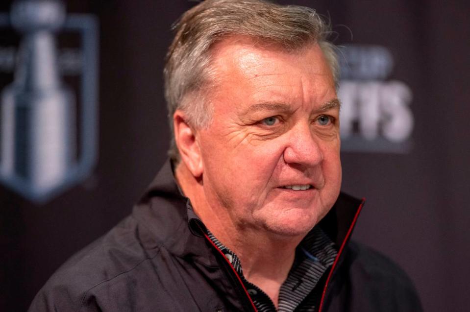 Carolina Hurricanes general manager Don Waddell answers questions during a media availability following practice on Wednesday, May 17, 2023 at PNC Arena in Raleigh, N.C.