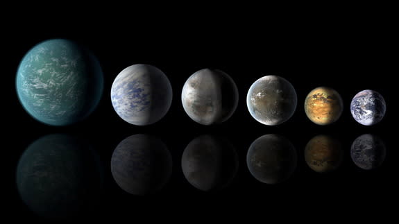 An artist's concept of a planetary lineup, featuring five exoplanets that may be similar to Earth: (L to R) Kepler-22b, Kepler-69c, Kepler-452b, Kepler-62f and Kepler-186f, with Earth on the far right. With more advanced telescopes, scientists