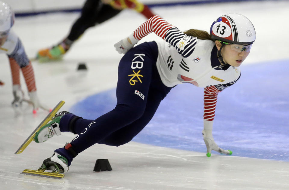 FILE - In this Nov. 13, 2016, file photo, first place finisher Shim Suk-hee, from South Korea, races during the women's 1,500-meter finals at a World Cup short track speedskating event at the Utah Olympic Oval in Kearns, Utah. More South Korean female skaters are saying they have been sexually abused by their coaches following explosive claims by two-time Olympic champion Shim that she had been raped by her former coach since she was a teen, according to group representing athletes on Monday, Jan. 21, 2019. (AP Photo/Rick Bowmer, File)