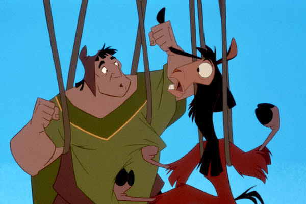 Pach (voiced by John Goodman) and Kuzco (David Spade) are fighting while suspended by ropes