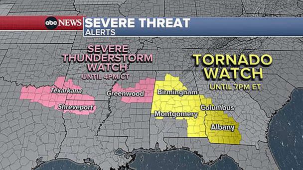 PHOTO: Severe weather outbreak expected tonight with intense wind gusts the main threat from Texas to Georgia. Some strong tornadoes are also possible. (ABC News)