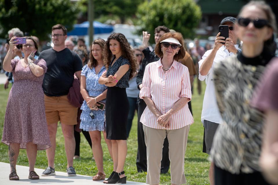 Canton community members gathered across from Evergreen Packaging at Sorrells Park May 24, 2023, to listen to the final shift bell.