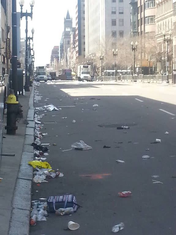 On April 18, a day after the Boston Marathon bombings, the area around the finish line is desolate.