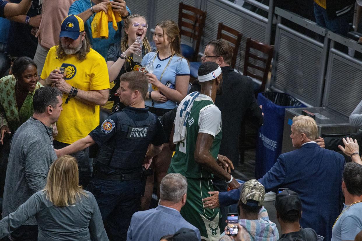 Bobby Portis heads to the Bucks locker room after he was ejected during the first quarter of Game 4 against the Pacers on Sunday nightat Gainbridge Fieldhouse.