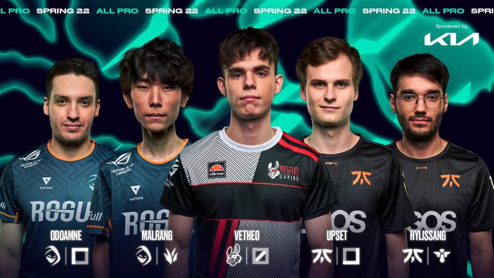 Odoamne, Malrang, Vetheo, Upset, and Hylissang all receive the LEC First All-Pro Team honours for the LEC Spring Split 2022. Photo: Riot Games.