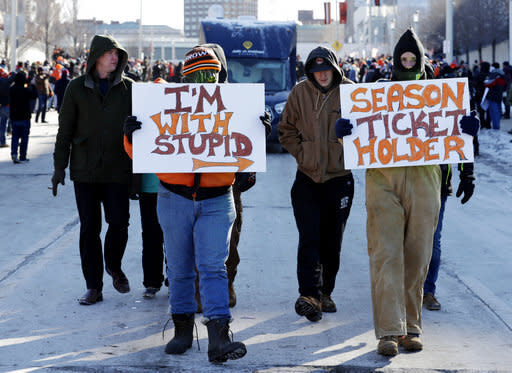 Cleveland Browns fans participate in the "Perfect Season" parade, Saturday, Jan. 6, 2018, in Cleveland. The Browns became the second team in NFL history to lose 16 games in a season. In joining the 2008 Detroit Lions in a shameful loserâs club, the Browns have found a new low in what has been nearly two decades of disgrace since returning as an expansion franchise in 1999. (AP Photo/Tony Dejak)