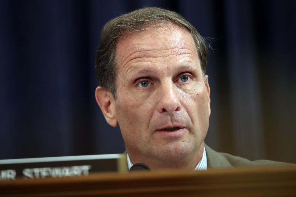 Rep. Chris Stewart, R-Utah, questions former U.S. Ambassador to Ukraine Marie Yovanovitch at the House Intelligence Committee on Capitol Hill in Washington, Friday, Nov. 15, 2019, during the second public impeachment hearing of President Donald Trump’s efforts to tie U.S. aid for Ukraine to investigations of his political opponents.