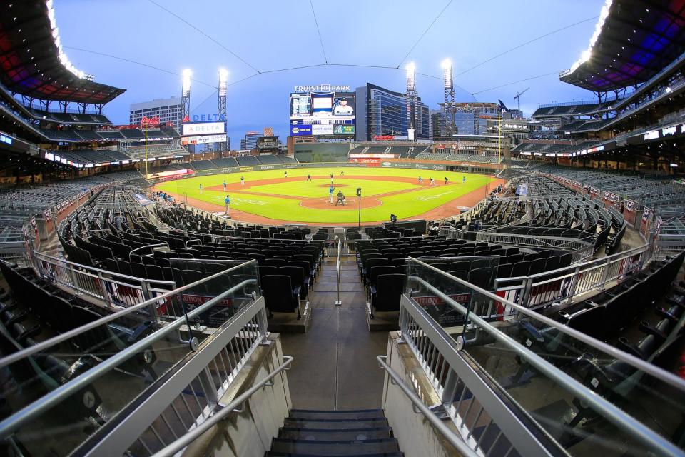 <p>An overview of the field and stadium during the exhibition MLB baseball game between the Atlanta Braves and the Miami Marlins at Truist Park in Atlanta, Georgia.</p>