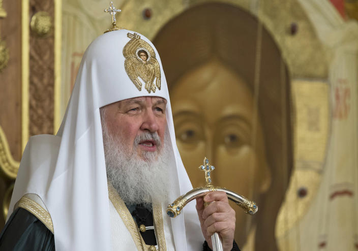 <p>Russian Orthodox Patriarch Kirill conducts a memorial religious service in the Christ The Saviour Cathedral for subway explosion victims in Moscow, Russia, Tuesday, April 4, 2017. A bomb blast tore through a subway train deep under Russia’s second-largest city St. Petersburg Monday, killing several people and wounding many more in a chaotic scene that left victims sprawled on a smoky platform. (Alexander Zemlianichenko/AP) </p>