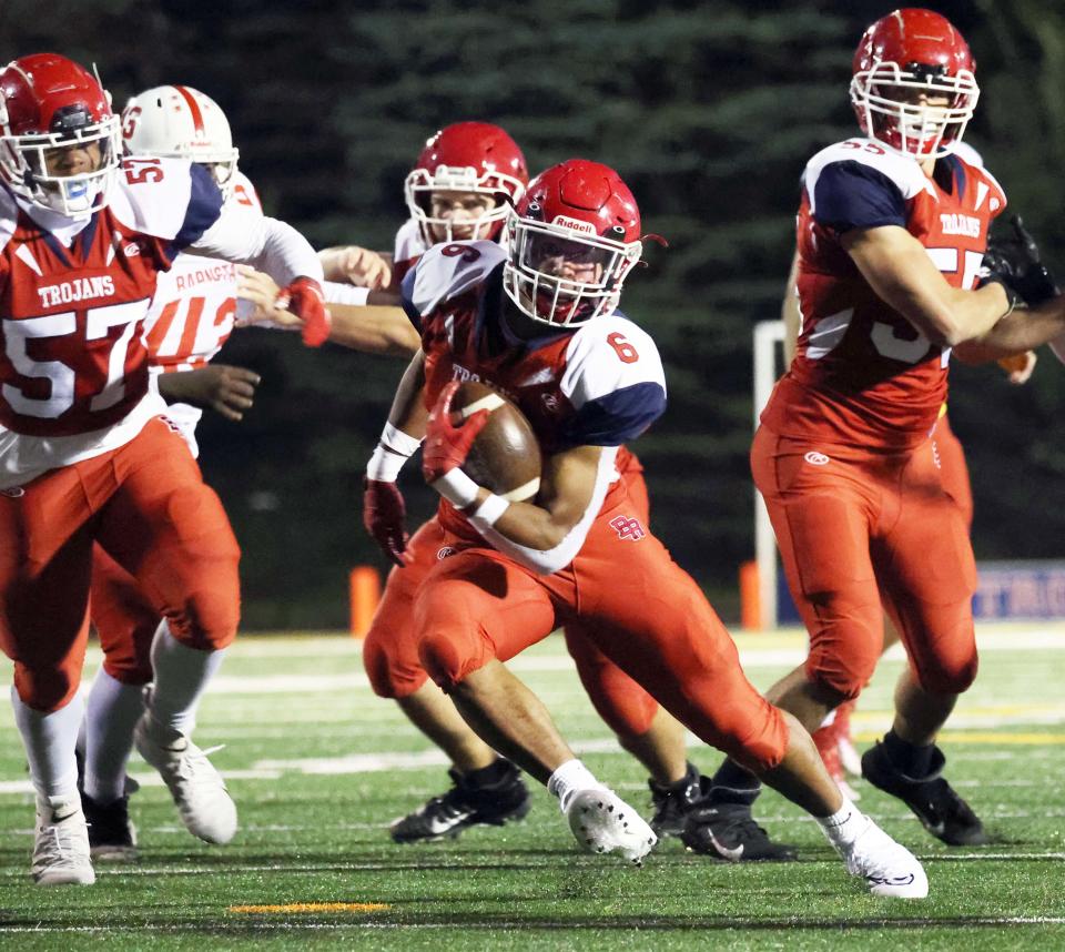 Bridgewater-Raynham running back Dawson Dubose carries the football during a game versus Barnstable on Friday, Sept. 23, 2022.  