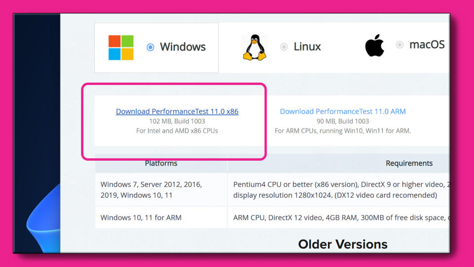 A screenshot of the Passmark Performance Test download page