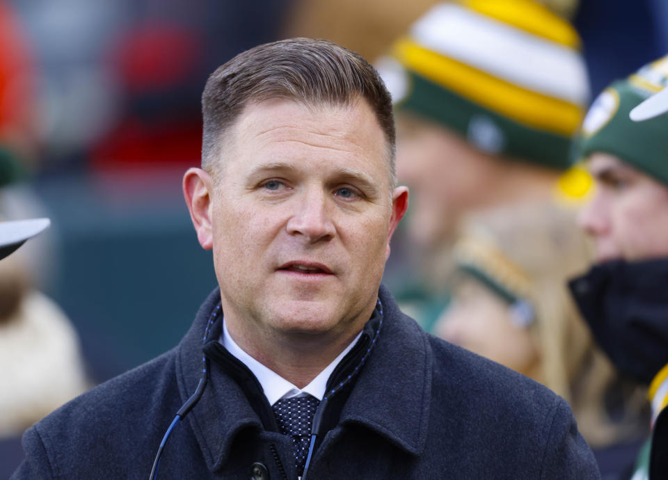 FILE - Green Bay Packers general manager Brian Gutekunst stands on the field before an NFL football game against the Chicago Bears, Sunday, Jan. 7, 2024, in Green Bay, Wis. Jordan Love’s ability to lead the NFL's youngest team to the divisional playoffs in his first year as a starter has Gutekunst and the Packers eager to work out a long-term extension with him. (AP Photo/Jeffrey Phelps, File)