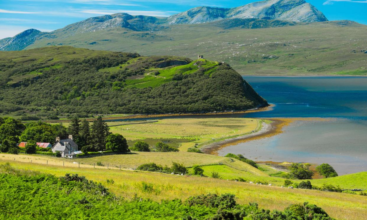 <span>Castle Varrich, reached by a walk ‘through bluebells and bright yellow broom flowers’, and the Kyle of Tongue.</span><span>Photograph: Alamy</span>