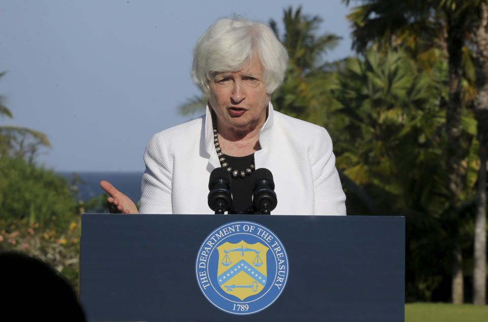 U.S. Treasury Secretary Janet Yellen speaks during a news conference in Nusa Dua, Bali, Indonesia on Thursday, July 14, 2022. Yellen and other top financial officials of the Group of 20 rich and industrial nations are gathering in the Indonesian island of Bali for meetings that begin Friday. (AP Photo/Firdia Lisnawati)